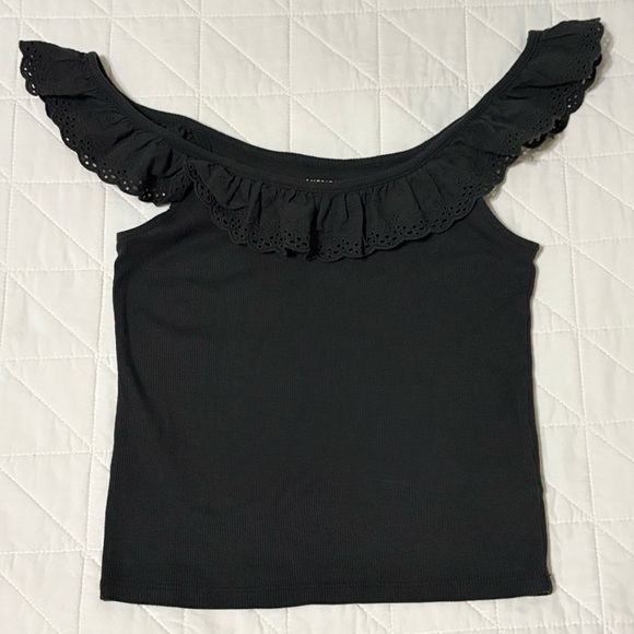 American Eagle Outfitters Tops - American Eagle Dark Gray Ribbed Eyelet Ruffle Off-The-Shoulder Tank Top Small